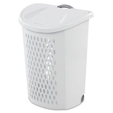 White plastic wheeled laundry hamper with vented sides and lid handle