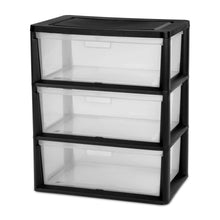 Black plastic 3-drawer storage tower with removable clear bins and top lid