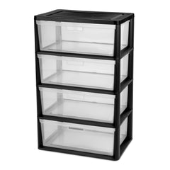 Sterilite Wide 3 Drawer Tower, Plastic Storage Organizer with Removable Clear Bins, Easy to Assemble - No Tools Needed, Black