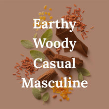 Wood and leaf scent graphic with earthy woody casual masculine text