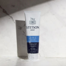 Stetson Spirit 2-in-1 face and beard wash tube with water droplets and splash