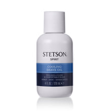 Stetson Spirit cooling shave oil bottle, white cap and blue label