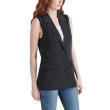 Steve Madden women's blazer vest, side profile with double-button detail and patch pockets