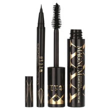 Eye makeup gift set: black mascara tube with wand and black eyeliner pen, gold accents