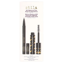 Eye makeup gift set box front showing mascara and eyeliner tubes with gold accents