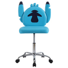 Blue kids desk chair with Stitch figural backrest, padded seat, swivel base, casters