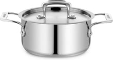 Brushed stainless steel stockpot with lid and side handles, front view