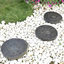 Three round dark stepping stones with circular ring patterns on the tops