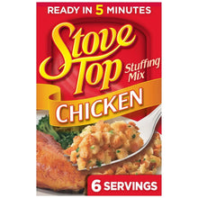 Chicken stuffing mix box, Stove Top brand, 6 servings, ready in 5 minutes
