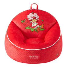 Red kids bean bag chair with carry handle and cartoon character back cushion