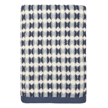 Bath towel set, navy and cream striped towel with dark border, folded 2-pack