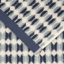 Bath towel fabric, navy and cream striped check knit with textured pile