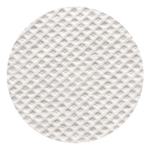 Round white exfoliating pad with embossed waffle pattern