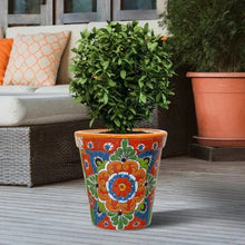 Multicolor ceramic planter with leafy plant, orange top rim, bold Talavera floral design
