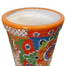 Ceramic planter with orange rim, multicolor floral Talavera motifs around beige inner base