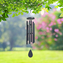 Double wind chime with dark teardrop clapper and hanging metal tubes from round top