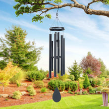 Double wind chime with dark teardrop weight and vertical metal tubes, silver-gray finish