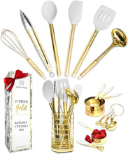 Kitchen utensil set: white silicone heads with gold handles, shown with organizer holder