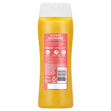 Exfoliating body wash bottle back label, white cap, yellow Citrus Blossom liquid