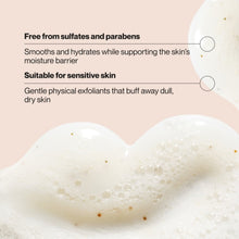 Exfoliating body wash with white lather and product claims text on packaging graphic
