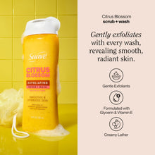 Exfoliating body wash bottle with white cap and yellow Citrus Blossom, plus product info