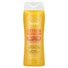 Exfoliating body wash bottle with white cap and yellow Citrus Blossom liquid, centered