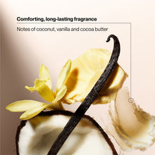 Cocoa butter and vanilla pod with coconut halves, shown as body wash scent notes
