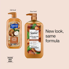 Suave cocoa butter & shea body wash bottles, brown, pump top, old/new look comparison