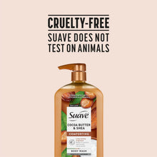 Suave cocoa butter & shea body wash bottle with pump, front label on tan-brown bottle