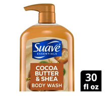 Body wash bottle with cocoa butter & shea label, gold pump, 30 fl oz badge