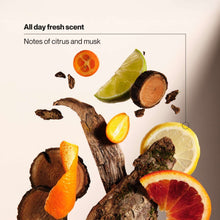 Citrus and musk scent notes for Suave Men hydrating 3-in-1 body + hair + face wash