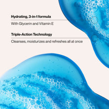 Hydrating 3-in-1 body + hair + face wash concept with blue gel and bubbles