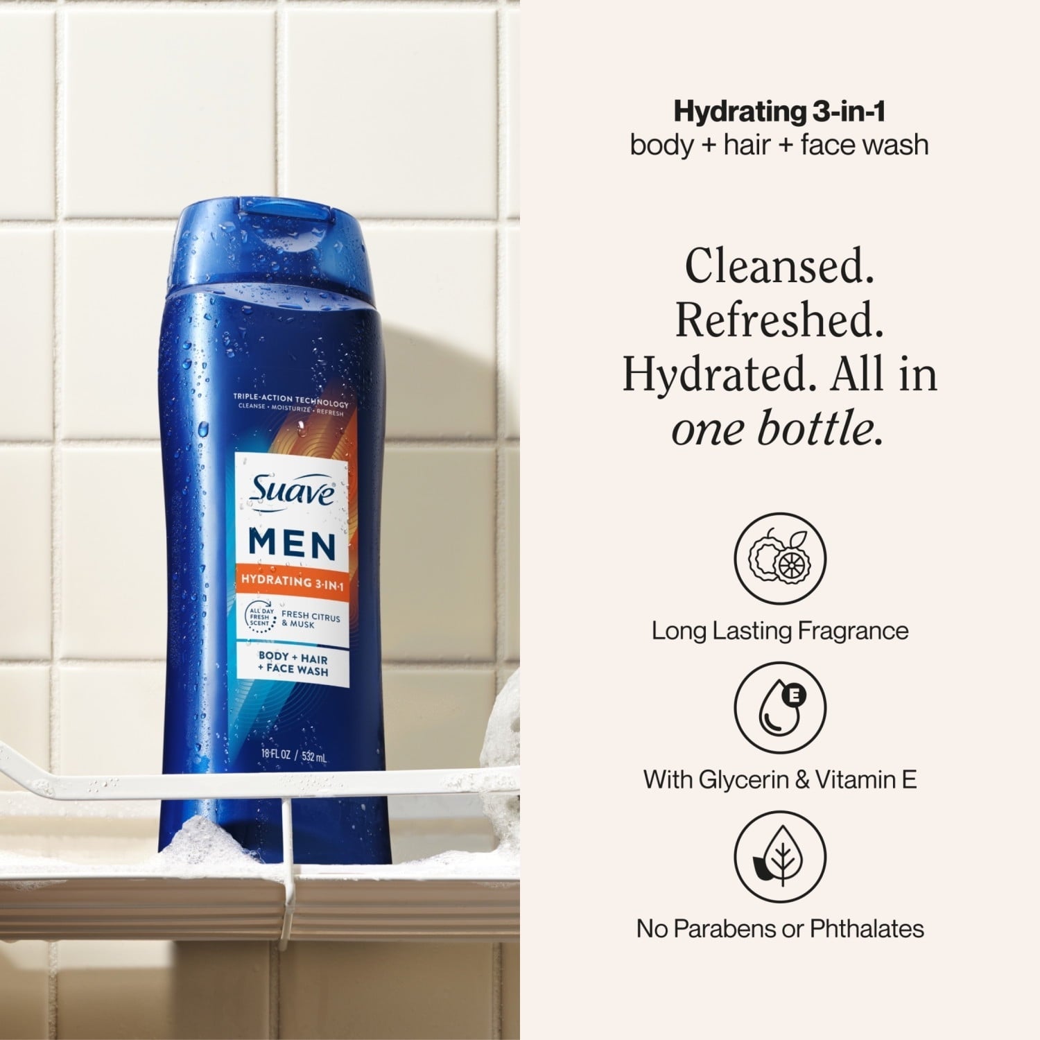 Suave Men Hydrating 3-in-1 Body + Hair + Face Wash with Glycerin & Vitamin E, 30 FL OZ