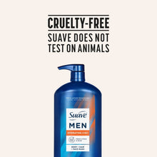 Suave Men hydrating 3-in-1 body + hair + face wash pump bottle with cruelty-free text