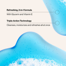 Foaming blue body & face wash bubbles, close-up on skin