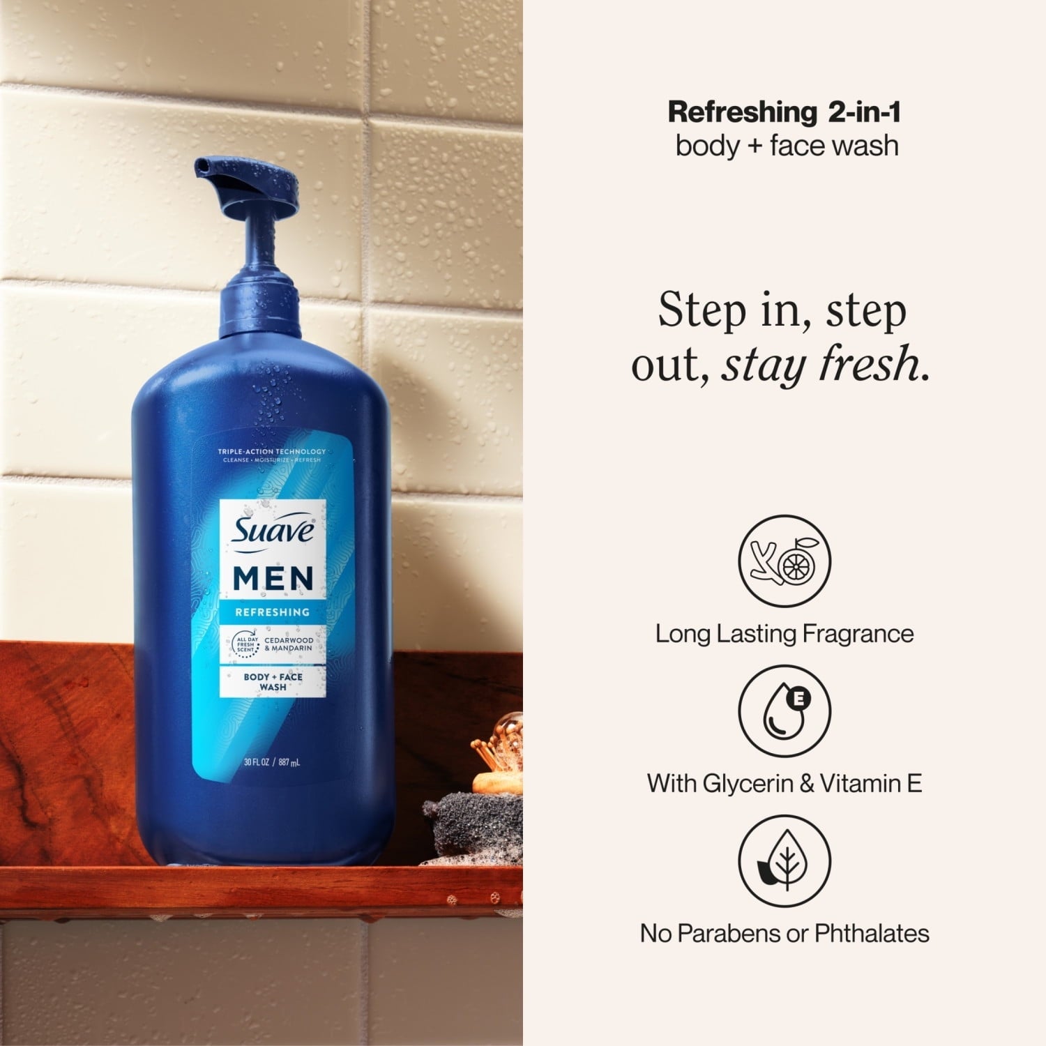 Suave Men Refreshing 2-in-1 Body & Face Wash with Glycerin & Vitamin E, 30 FL OZ
