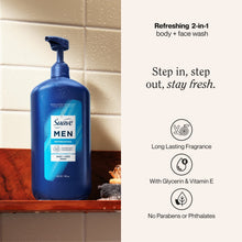 Suave Men body & face wash bottle with pump, blue, front label visible