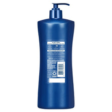 Back label of blue men’s 3-in-1 shampoo, conditioner & body wash bottle