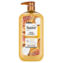 Milk & Honey body wash pump bottle with Suave logo, gold liquid, front label