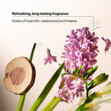 Fragrance note imagery with purple hyacinth flowers and green stems