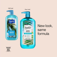Ocean Breeze body wash bottles, teal pump bottles shown side by side