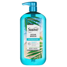 Ocean Breeze body wash pump bottle, teal plastic with blue pump and front label