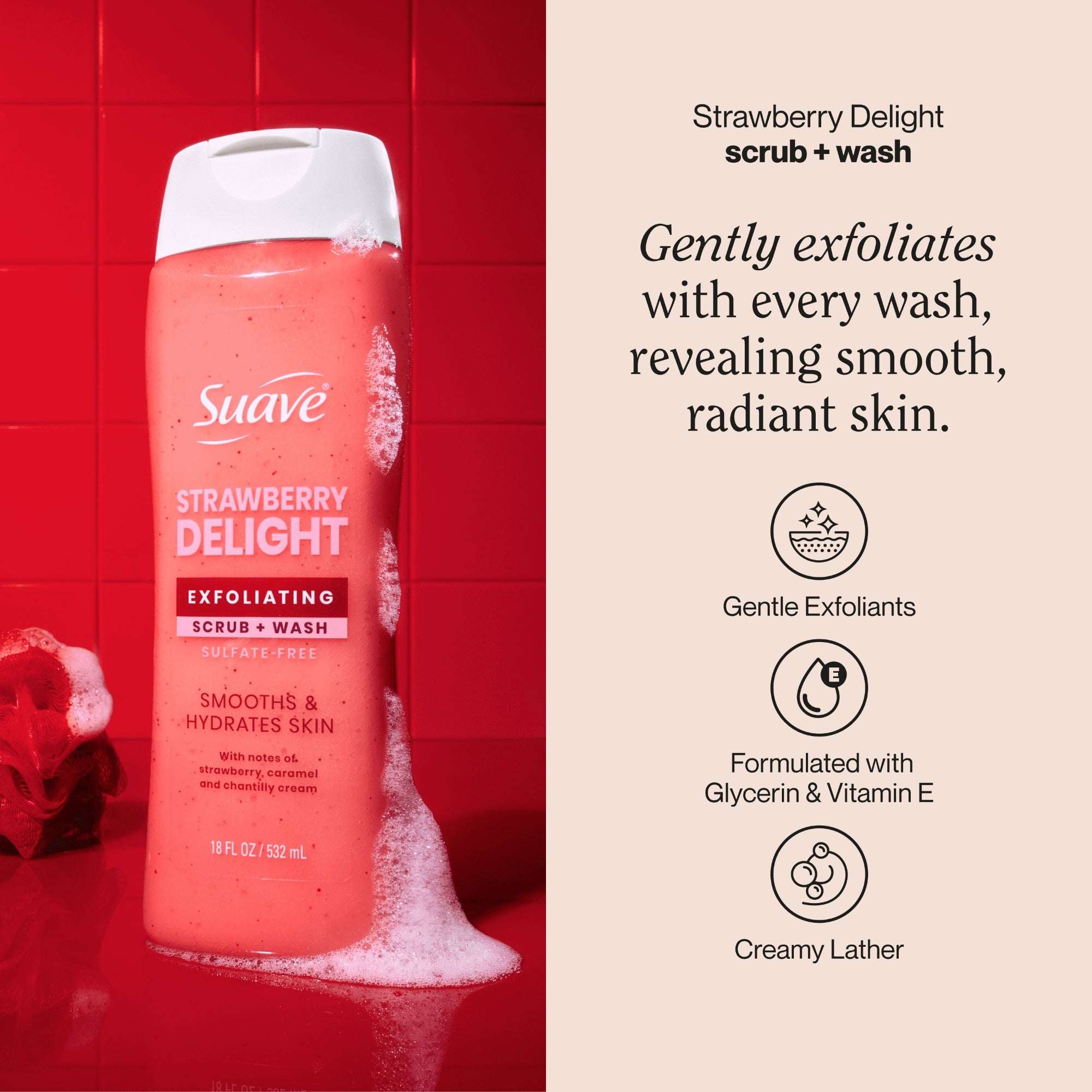Suave Strawberry Delight Exfoliating Body Wash & Scrub with Glycerin & Vitamin E, Sulfate-Free Hydrating Cleanser for Soft, Smooth Skin, 18 fl oz (pack 4 )