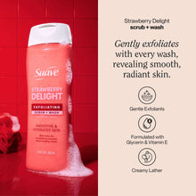Suave Strawberry Delight scrub + wash bottle with white foam around base