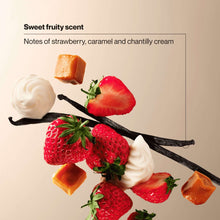 Strawberry Delight scent notes graphic with strawberries, vanilla cream swirls, and vanilla beans