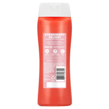 Suave Strawberry Delight body wash bottle back label, red bottle with barcode