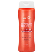 Suave Strawberry Delight exfoliating body wash and scrub bottle, red with white cap