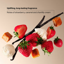 Strawberry, vanilla cream, and caramel fragrance note illustration for body wash