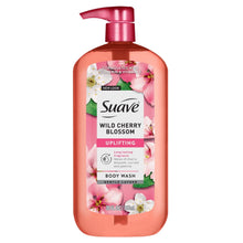 Pink Suave Wild Cherry Blossom body wash bottle with pump, floral label front