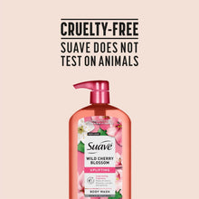 Pink Suave Wild Cherry Blossom body wash bottle with pump and cruelty-free text